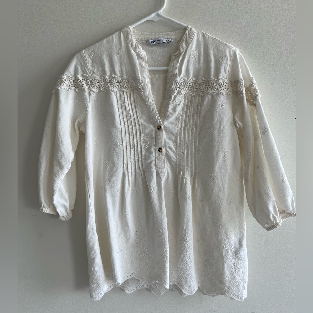 Used Zara Womens Embroidered Shirt Blouse XS Ivory Half Sleeve V-Neck